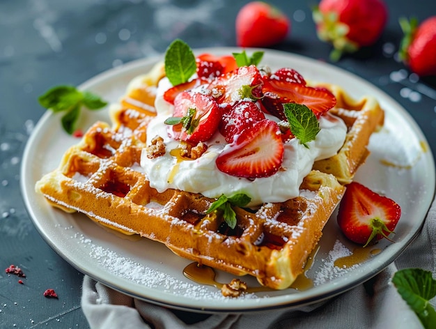 Photo delicious waffles topped with whipped cream strawberries and blueberries