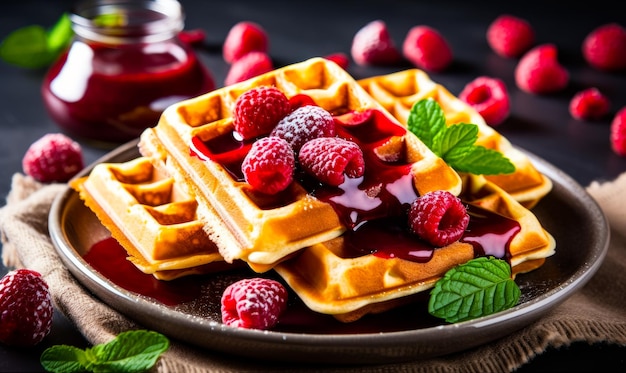 Delicious waffles with berries Plate of belgian waffles with fruits Generative AI