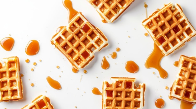 Delicious Waffles with Caramel Sauce on White Background Generative AI