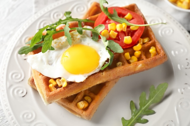 Delicious waffles with fried egg and vegetables on plate