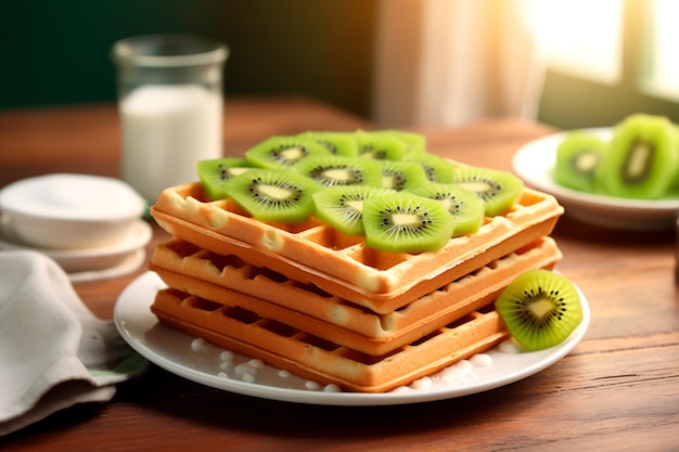 Delicious waffles with kiwi on a wooden table Sweet breakfast AI Generated