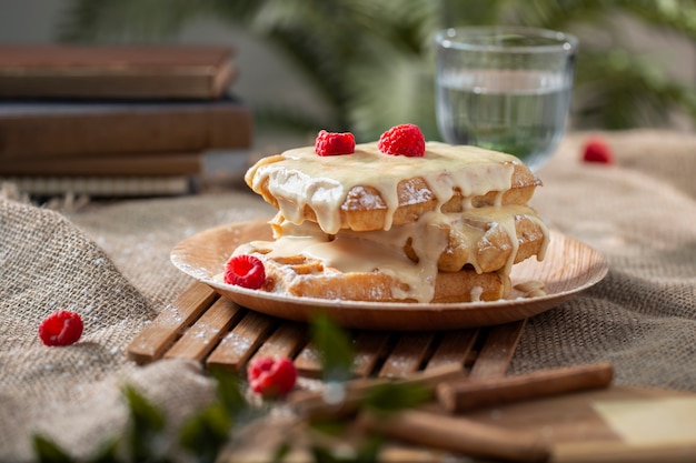 Delicious waffles with raspberries