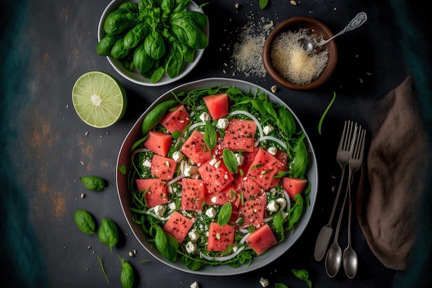 Delicious watermelon salad bowl with feta cheese spinach and pea sprouts at the top perspective on a gray table background