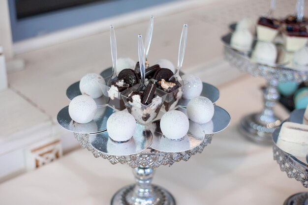 Delicious wedding reception candy bar dessert table