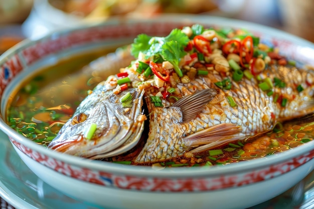 Delicious Whole Steamed Fish Topped with Fresh Herbs and Chilies in Asian Style Sauce Close Up on a