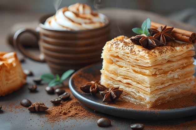 Delicious Winter Dessert Layered Pastry with Coffee and Cinnamon Decor Perfect for Seasonal Menus and Cafe Advertisement