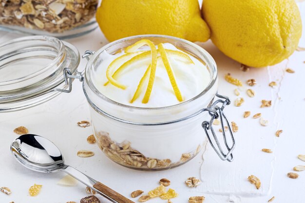 Delicious yogurt dessert, with fresh lemon, without sugar and cereals..