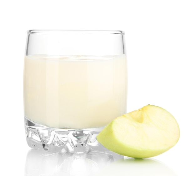 Delicious yogurt in glass with apple isolated on white