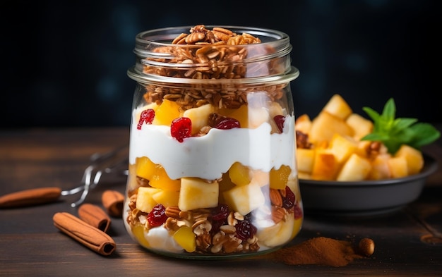 Delicious Yogurt Granola Parfait with Sliced Nuts and Fresh Pine Generative AI