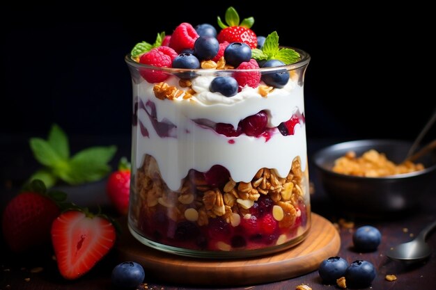 Delicious yogurt parfait topped with granola and sliced nuts Generative Ai