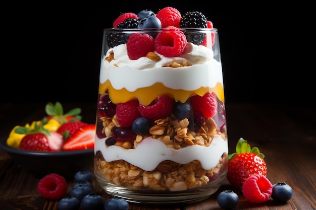 Delicious yogurt parfait topped with granola and sliced nuts Generative Ai