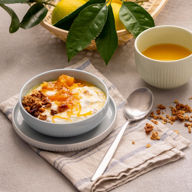 Delicious yogurt with lemon peel and honey