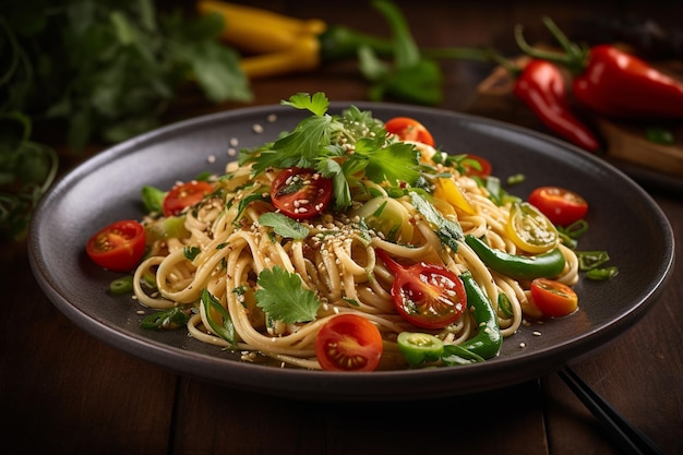 Delicious zucchini noodles isolated on black background