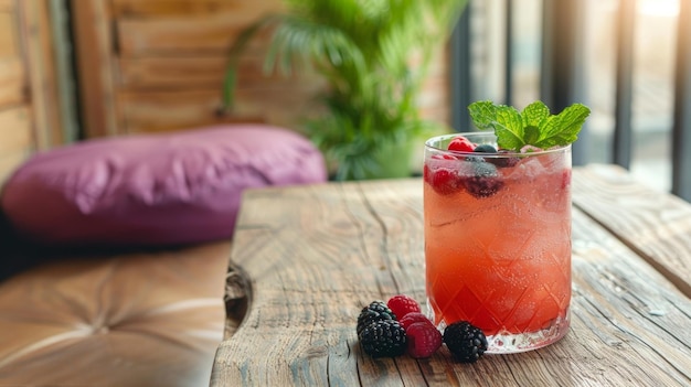 A deliciouslooking mocktail adorned with fresh berries and mint leaves sits on a wooden table next