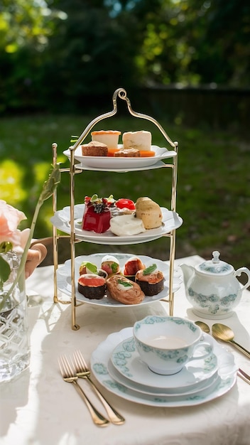 Deliciously afternoon tea setup outdoors