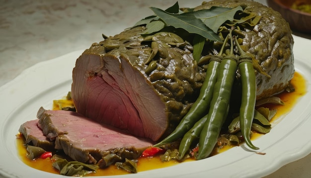 Deliciously cooked roast beef with green beans and sauce