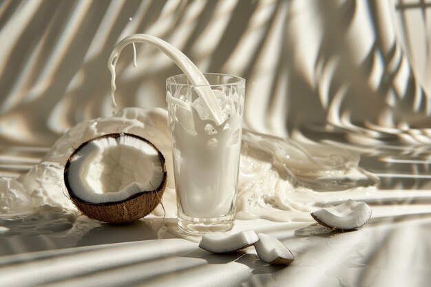 Photo deliciously creamy coconut milk fills a glass to the brim