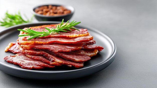 Photo deliciously crispy bacon slices stacked neatly on a black plate garnished with rosemary perfect for breakfast or snack food photography