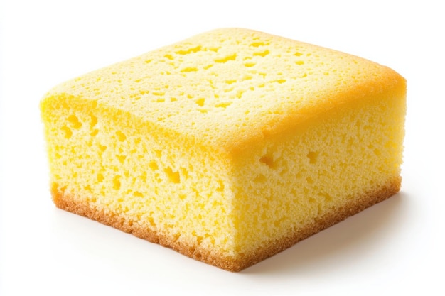 Photo deliciously fluffy yellow cake square resting on a white surface invitingly displayed to tempt