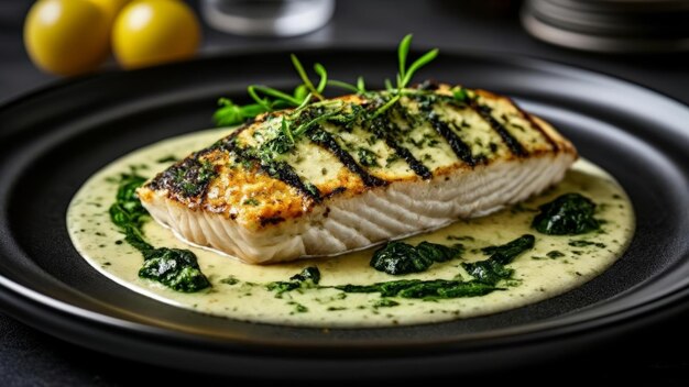 Photo deliciously grilled fish with creamy sauce and fresh herbs