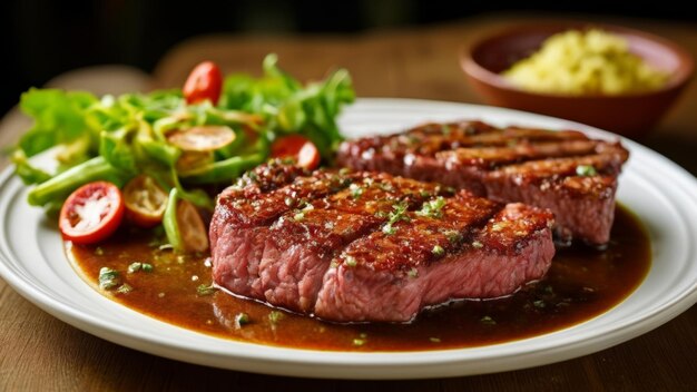 Deliciously grilled steak with a side of fresh salad and mashed potatoes