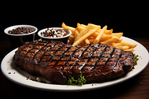 Deliciously juicy american steak served with crispy chips and rich gravy at the vibrant bar