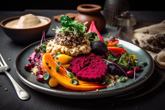 Deliciously plated vegan meal featuring variety of colors and textures created with generative ai