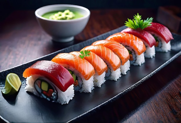 Deliciously prepared Japanese high quality sushi fish with wasabi color and texture of meat Japane