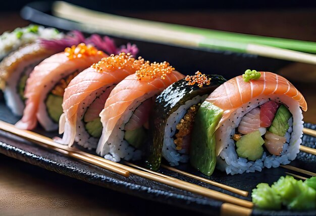 Deliciously prepared Japanese high quality sushi fish with wasabi color and texture of meat Japane