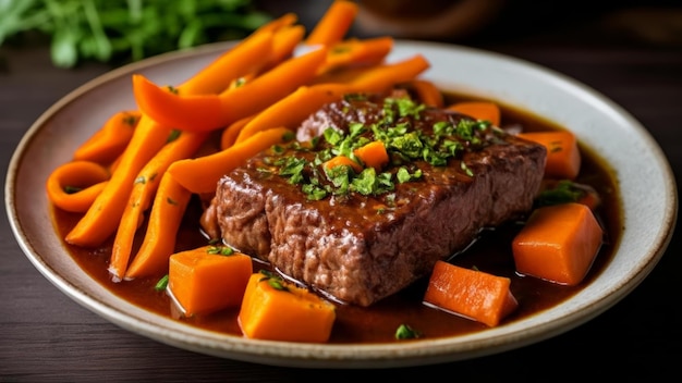 Deliciously tender steak and vibrant carrots in a savory sauce