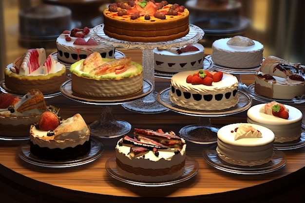 delicius Pastries Cupcakes and Cake with berry on dessert table in a Charming Cafe