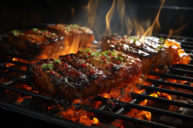 a delicius pork steak in the grill with fire