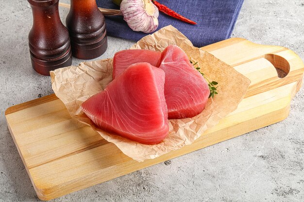 Delicous raw tuna steak for cooking over board