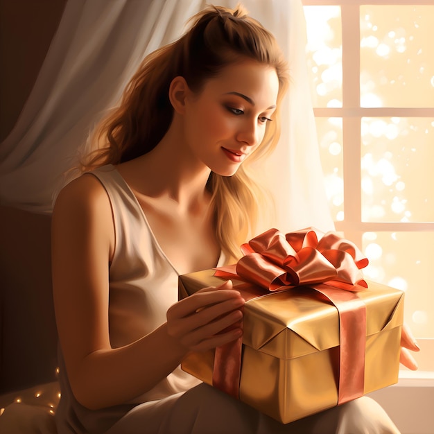 Delight in the excitement of a woman as she receives a beautifully wrapped gift box filled with surprises impeccably rendered in photorealistic style capturing the anticipation and joy of the moment