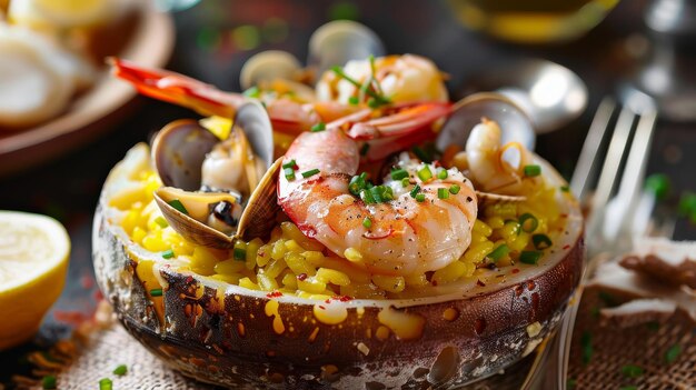 Photo delight in the luxurious flavors of creamy saffroninfused risotto generously filled with mixed sea