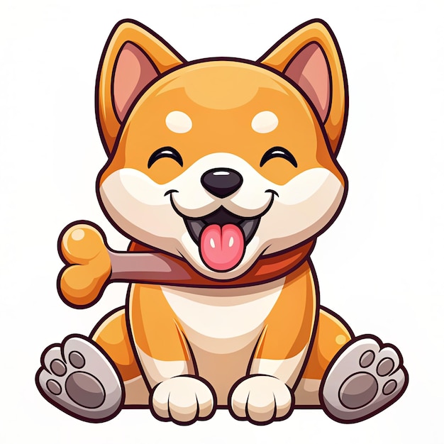 Delight in the playful spirit with this charming cartoon vector icon of a Shiba Inu dog happily biting a bone