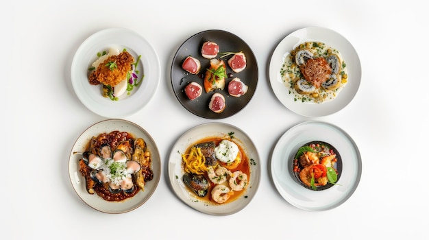 Delight your senses with our enticing image presenting a variety of six plates of delicious food isolated on white seen from a top view