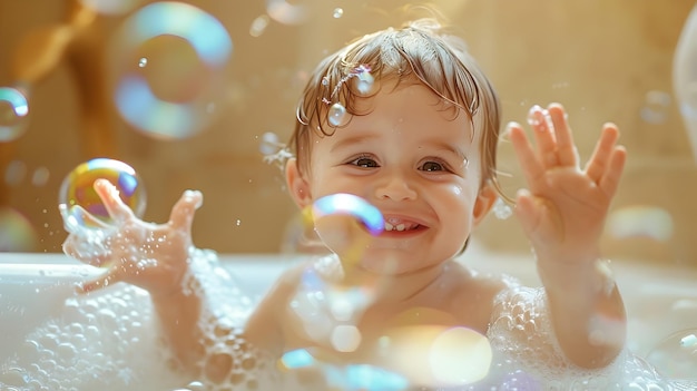 Delighted Child Joyfully Popping Soap Bubbles in BathtubCapturing a Spontaneous Moment of