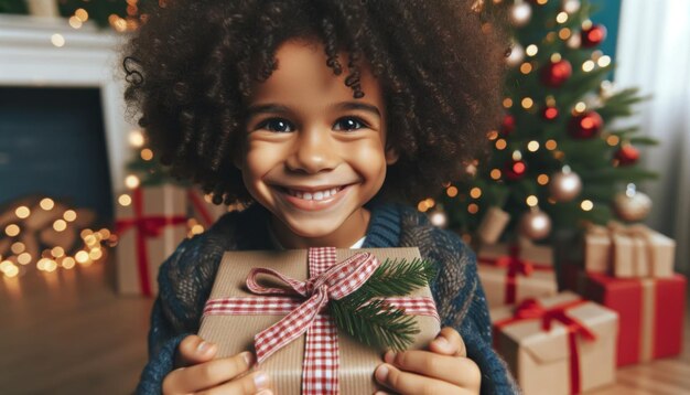 Delighted curlyhaired kid with clear eyes and a cheerful smile clutching their Christmas presents