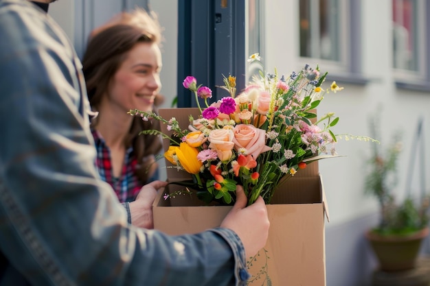 Photo delighted customer receiving fresh flower subscription box at doorstep for home decor and gifting