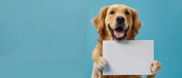 Delighted golden retriever holds a blank sign in mouth with paws up against a blue wall