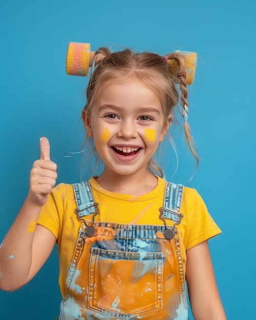 Delighted Little Artist with Paint Roller Giving Thumbs Up on Blue Background