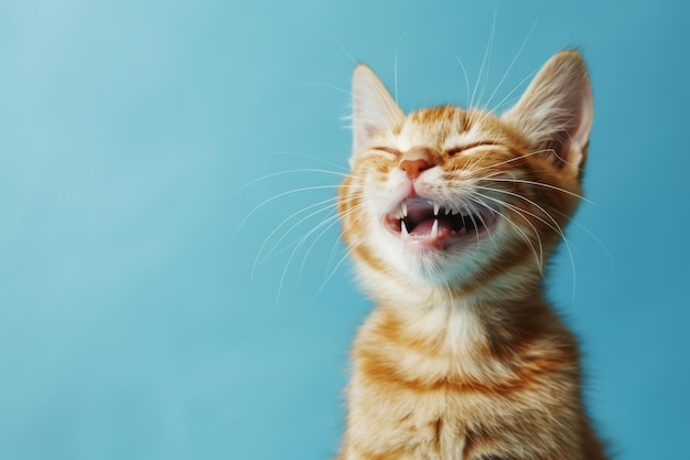 A delighted orange tabby kitten with eyes closed mouth open in midmeow set against a soft blue background exuding pure joy and contentment