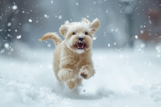 Delighted Snowy Pup Dashes Joyfully Through Winter Wonderland In Charming Portrait