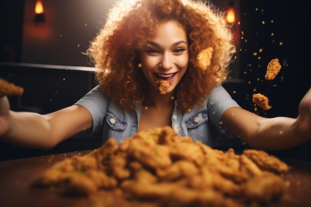 Delighted woman in a denim jacket with chicken wings flying around enjoying fast food