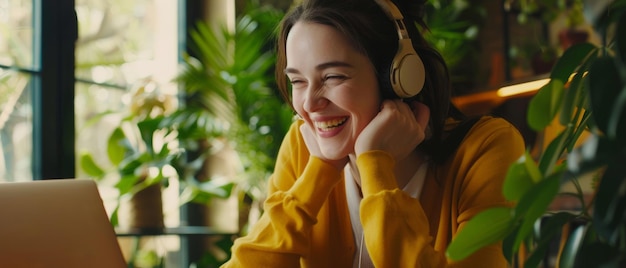 Delighted woman enjoys music her laughter echoing the joy of her favorite tunes in a cozy cafe