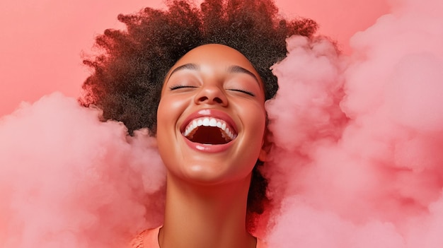 Photo a delighted woman expresses pure happiness with her eyes closed surrounded by fluffy pink clouds that create an uplifting and playful ambiance showcasing a carefree moment