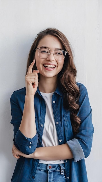 Delighted young woman with glasses posing against the white wall