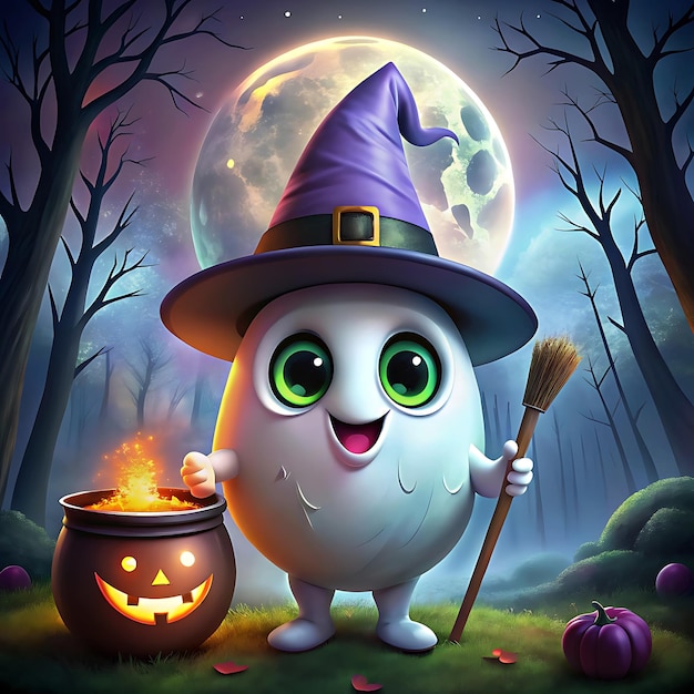 A delightful and adorable ghost character wearing a pointy witch hat perfect for Halloween