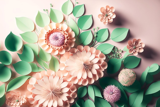 Delightful alique of 3d rendering paper flowers in pastel pink green tones generative ai